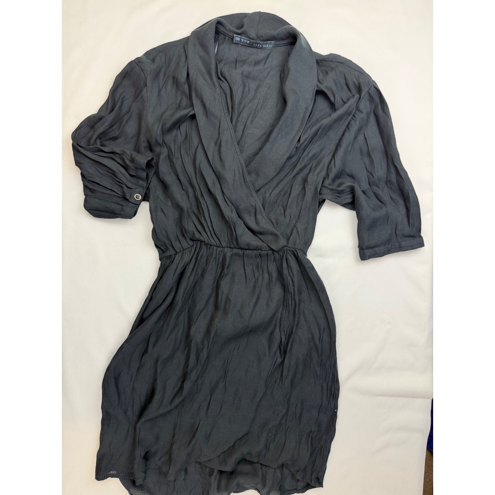 Zara Basic Black faux Wrap Mini Dress Short Sleeve Elastic Waist Size S
